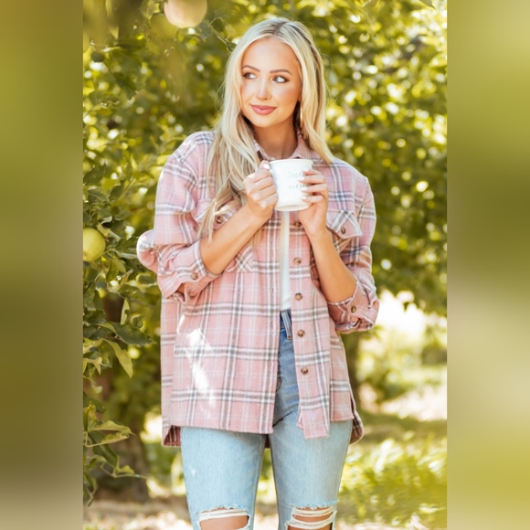 SHE + SKY Baby Pink Plaid Soft Fleece Lightweight Shacket - Picture 2 of 16